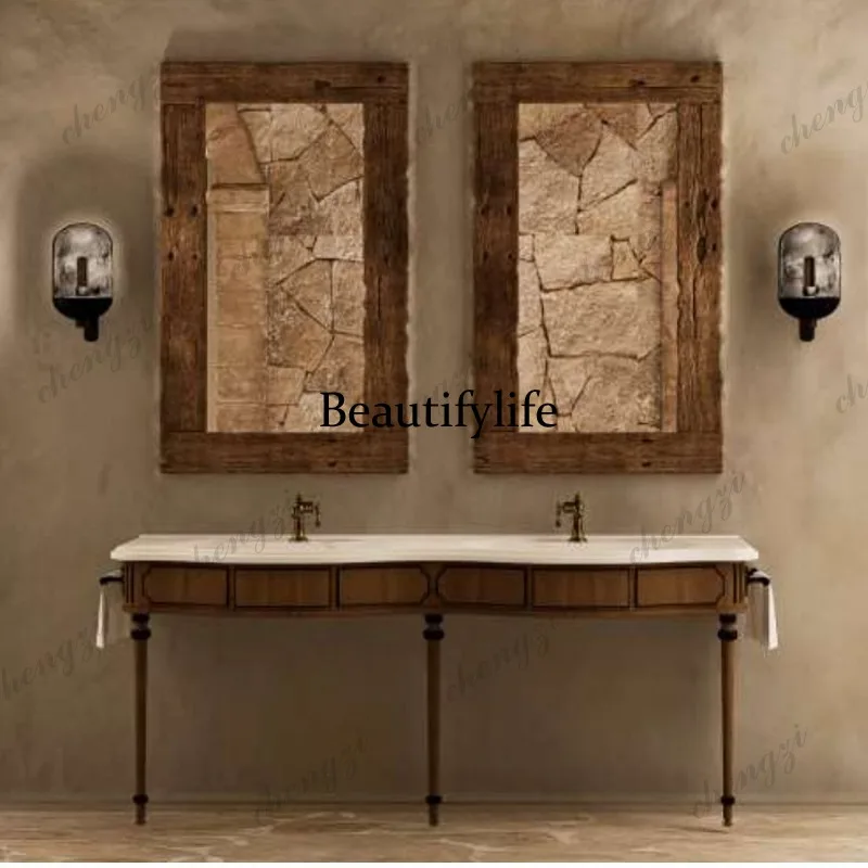 Medieval style bathroom cabinet natural stone platform basin log old wood hand washing cabinet B & B villa model