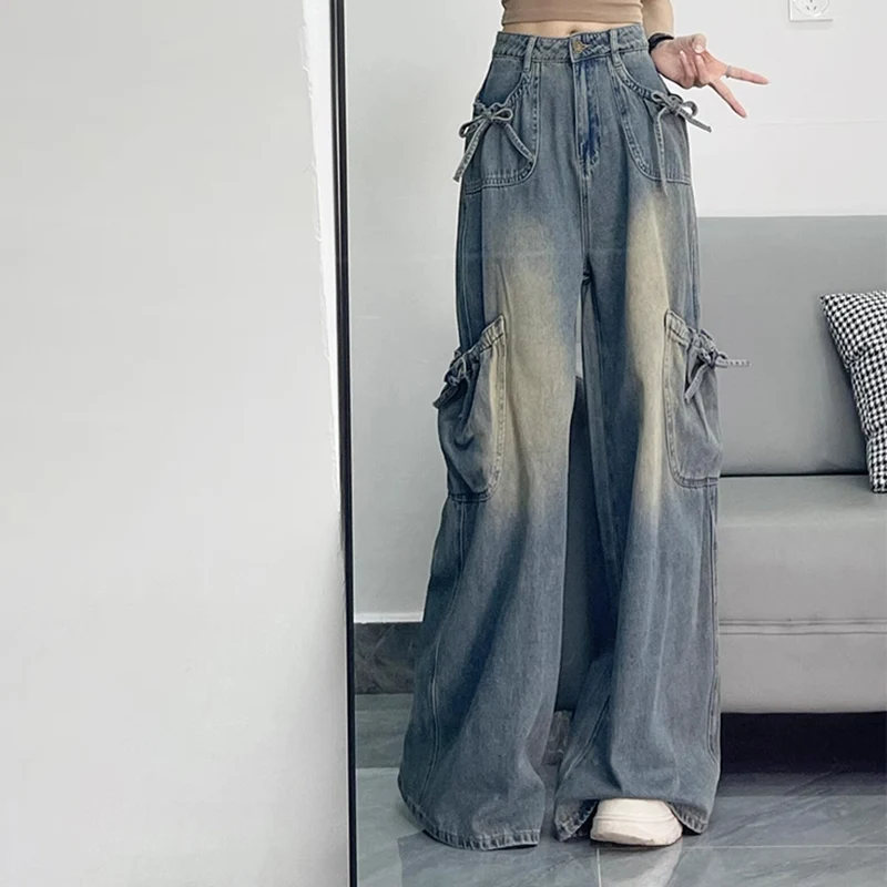 

Винтажные широкие джинсы в американском стиле с галстуком-бабочкой и ремнями, шикарные дизайнерские джинсовые брюки, женские модные свободные брюки с несколькими карманами 2023 года