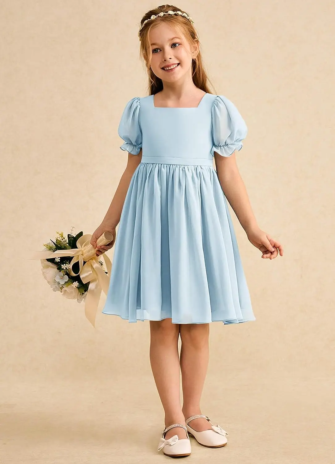 فستان وصيفة العروس للفتيات لحفلات الزفاف من الشيفون بأكمام قصيرة منتفخة فساتين فتاة الزهور للمراهقين مع فستان الأميرة للحفلات من الخلف