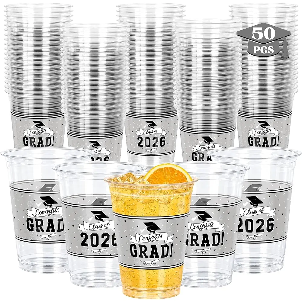 

50 шт. стаканов для выпускного, 14 унций, серебристые, для выпускных вечеринок, одноразовые пластиковые стаканы оптом для выпускников 2026 года, Выпускники, Высшая школа