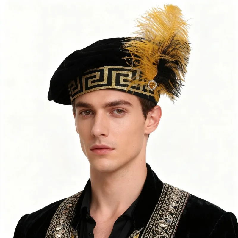 Medieval Tudor Hat with Feather Black Velvet Renaissance Muffin Hat for Men Women Halloween Cosplay Elizabeth Costume Accessorie