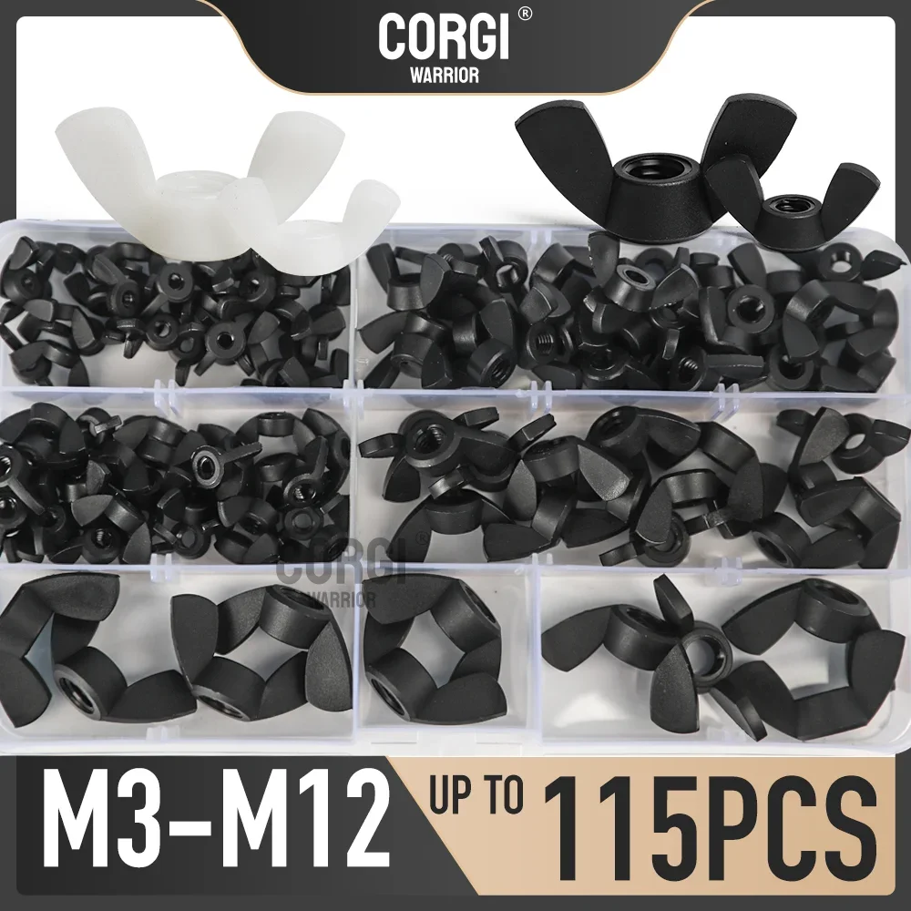 26-115 Metric M3 M4 M5 M6 M8 M10 M12 7 Sizes White Black Nylon Wing Nuts Butterfly Nut Assorment Kit Hand Twist Tighten Nut Set