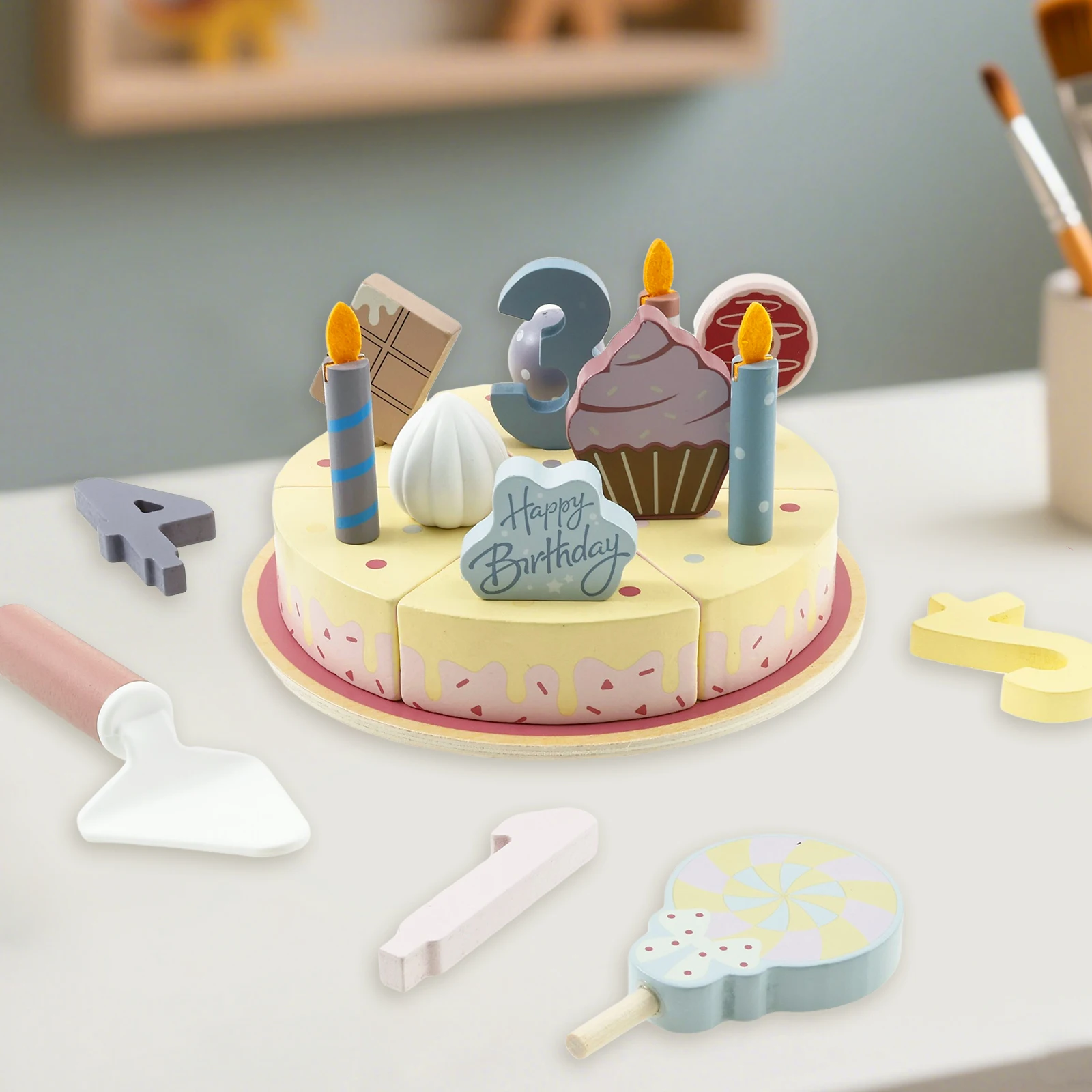 

Wood Birthday Party Cake Play Food Set Promote Cognitive Development Kitchen Accessories Play Toy Stimulate Creativity for Kid