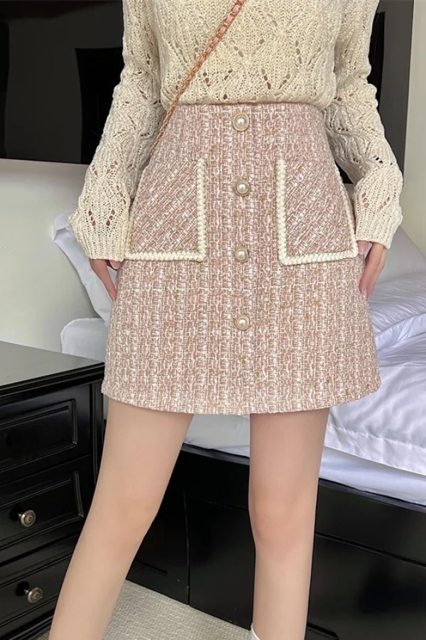 الشتاء تنورة المرأة حجم كبير منقوشة الصوفية ألف خط تنورة قصيرة عالية الخصر سليم صالح عادية موضة أنيقة الخريف الزي القمم #2