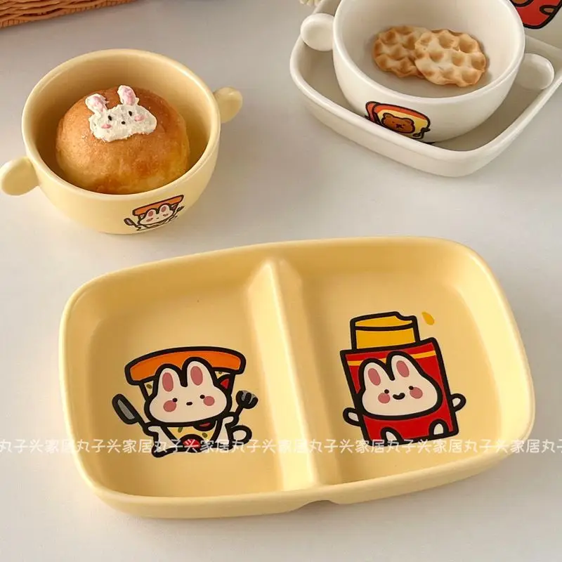 Cartoon Ceramic Breakfast Plate Square Fat Reducing Divided Ceramic Plate Oat Small Bowl Rice Bowl One Person Dinner Set