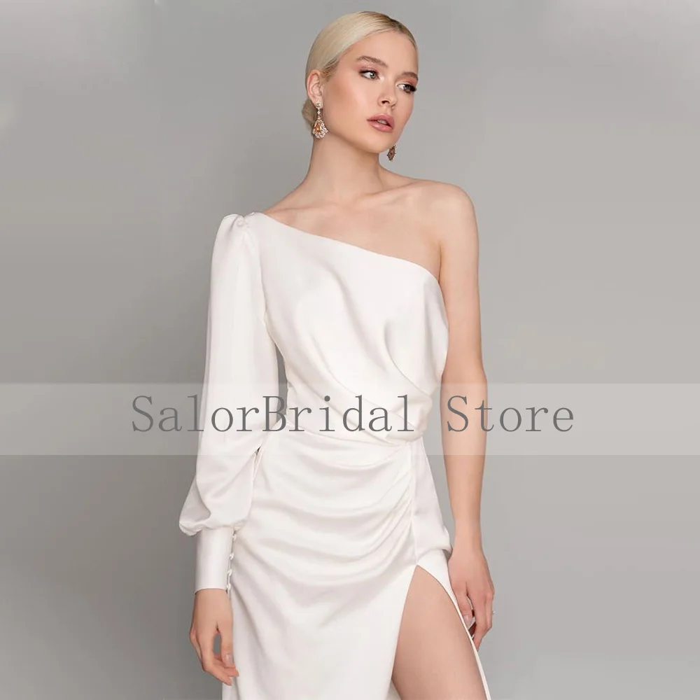 Einfache Hochzeit Kleid Weiß 2022 Schulter Langen Ärmeln Meerjungfrau Hochzeit Kleid für Frauen Braut Satin Seite Slit Vestidos de novia