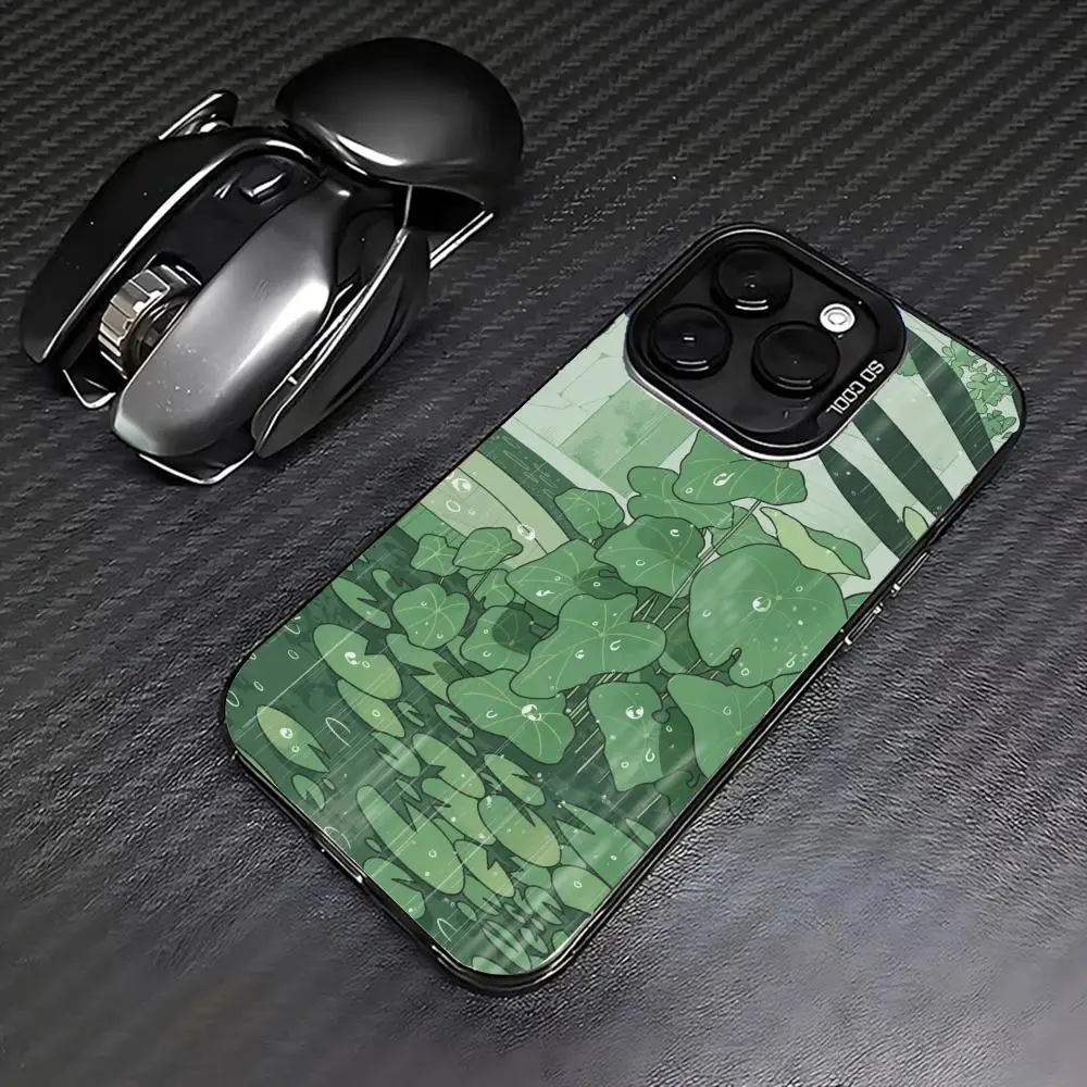 

Green leaves raindrops case for iPhone 16 15 14 13 12 11 Pro/ Max/Plus shock-proof rear cover anti-fingerprint