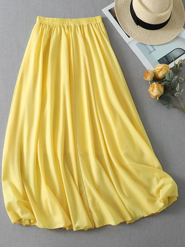 Elegant Simple Artistic Goose Yellow Half Skirt Women's Summer New Elastic Waist Draped A-Line Long Skirt Casual High Waist