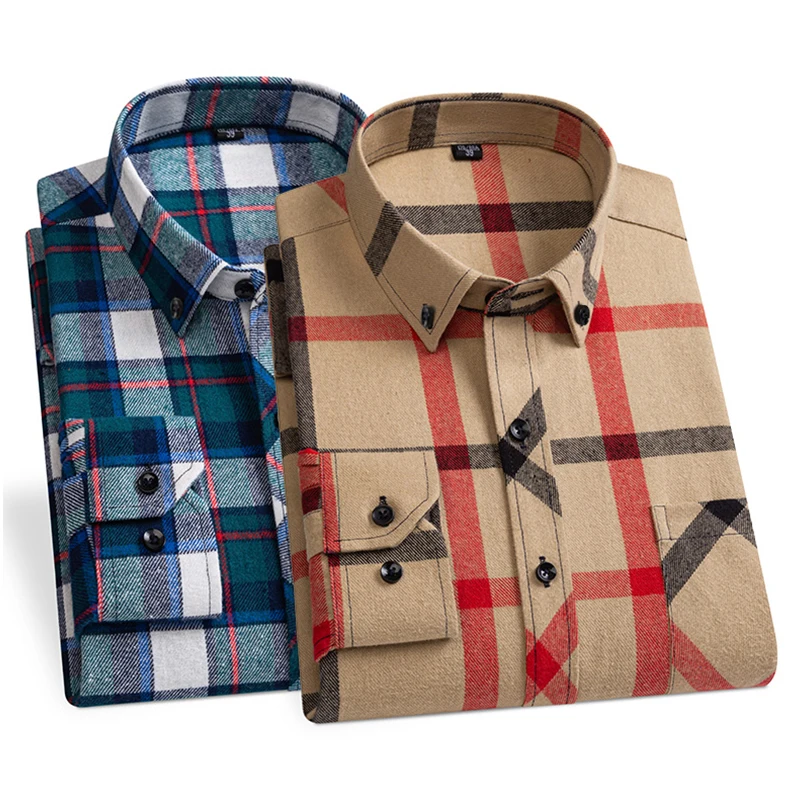 القطن الخالص جديد الرجال موضة بأكمام طويلة منتظم صالح عادية قمصان مربعة النقش الترفيه الذكور مكتب الأعمال تحقق البلوزات حجم كبير