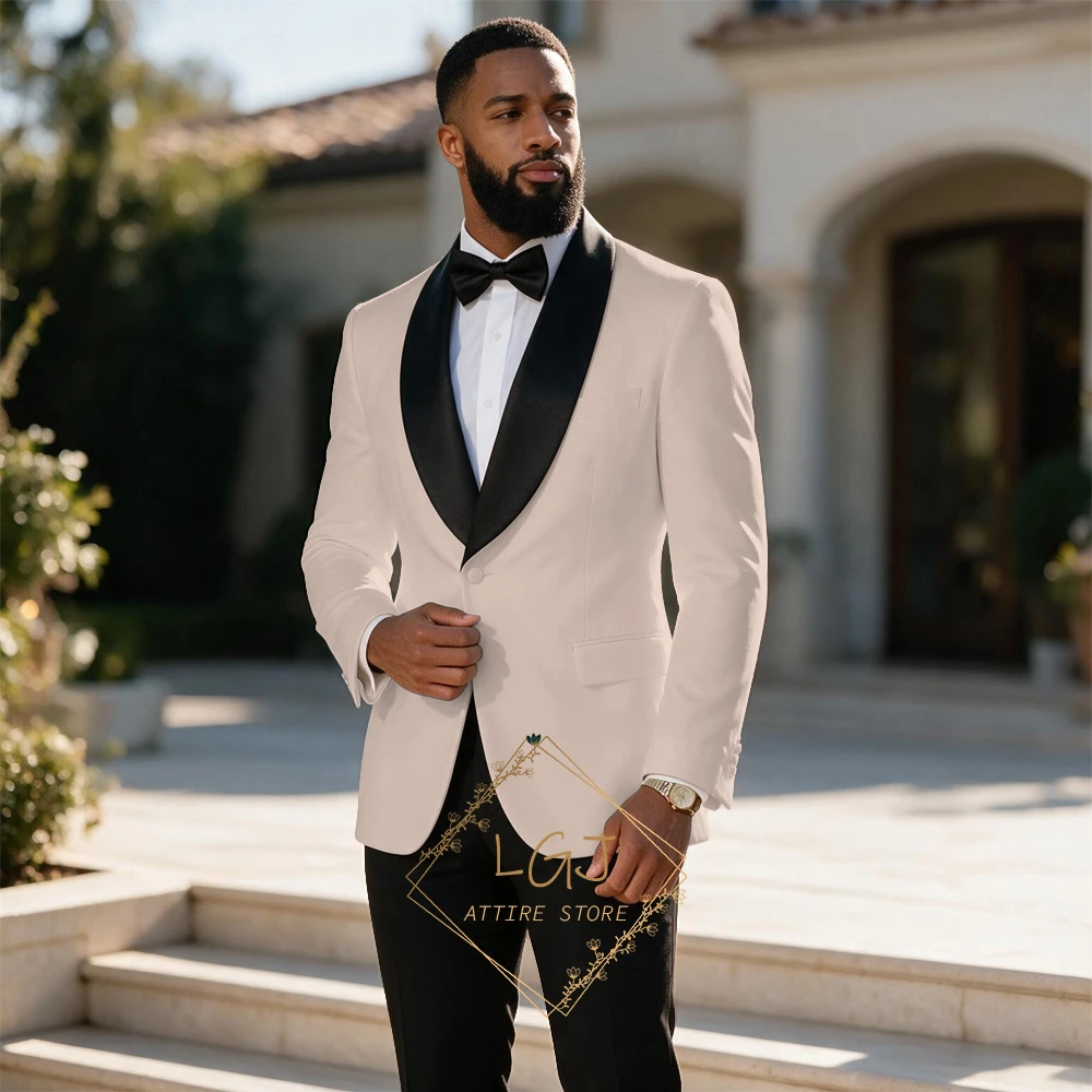 Men's Custom Dinner Jacket Pants 2-Piece Set Black Satin Collar Wedding Guest Anniversary Celebration Clothing