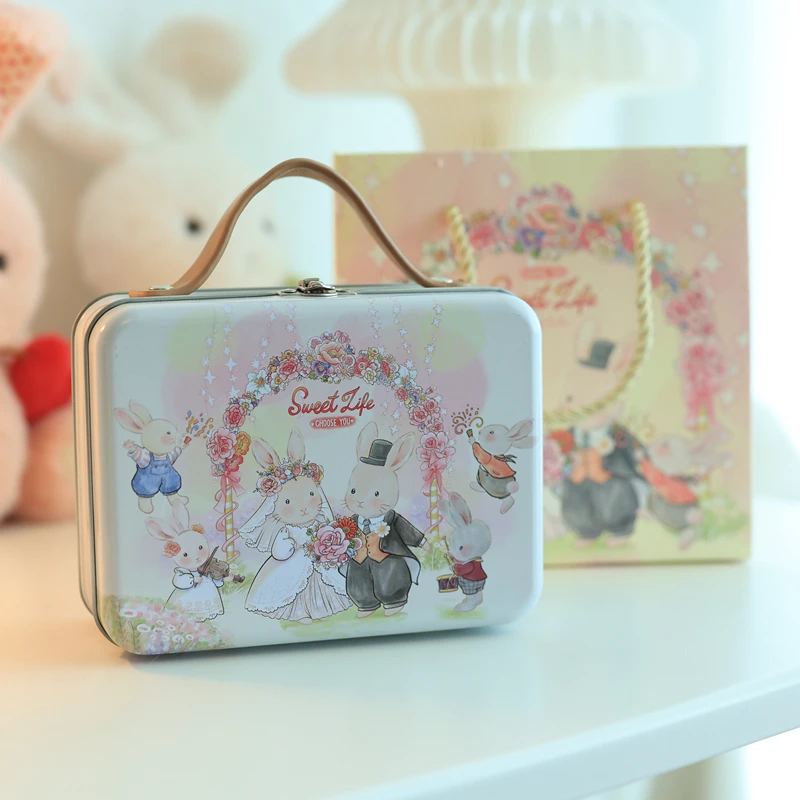 Garden Bunny Small Suitcase Storage Tin Candy Cookie Box For Wedding Birthday Party Decorative Metal Gift Boxes Home Organizer