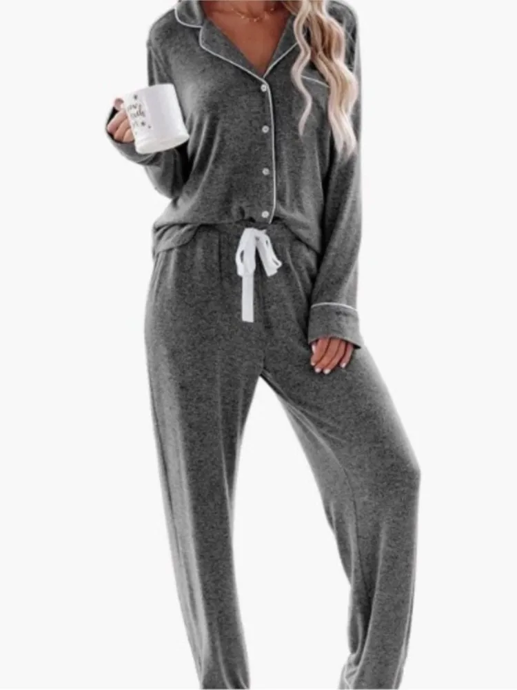 

Pajamas Womens' Two Pieces Set Long Sleeve Shirt Tops Wide Leg Pants Waist Tie 2025 Casual Matching Pants Sets Loose Homewear