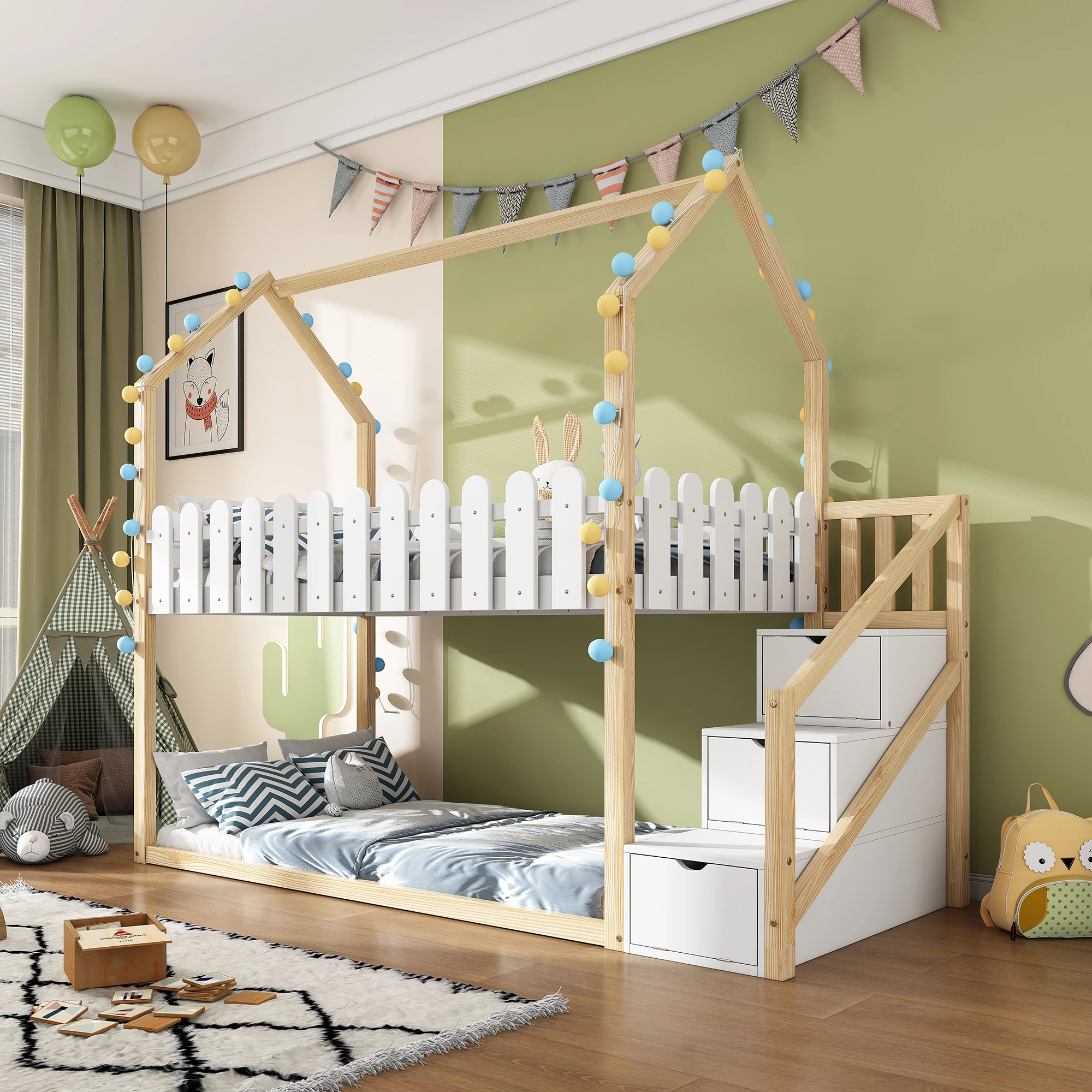 classic bunk bed 90x200 cm with 3 steps and 2 drawers with safety fence, home bed, white+natural