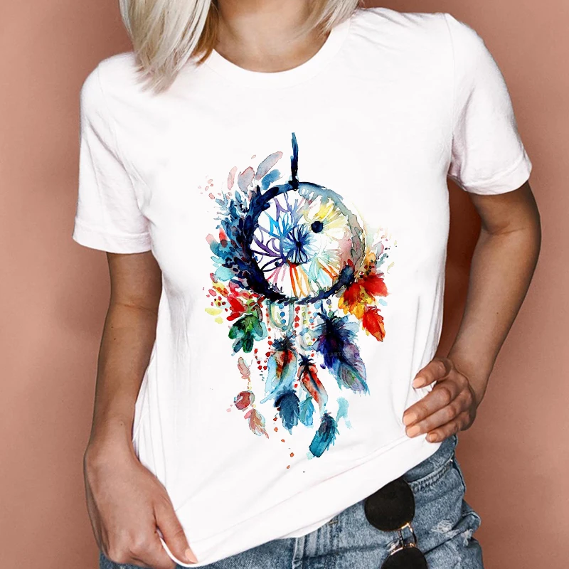 

Women Graphic Feather Floral Watercolor Printing Spring Summer Short Sleeve Lady Vacation Tops Tees Print Wear Tshirt T-Shirt