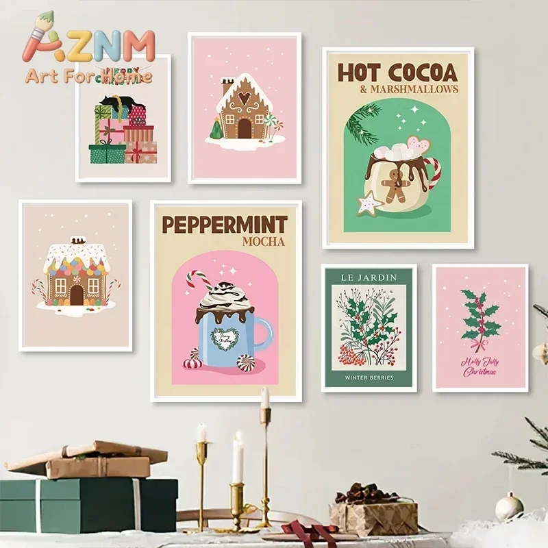 Christmas Presents Hot Chocolate Coffee Gingerbread House Poster Print Wall Art Canvas Painting Pictures Room Home Decor Gift