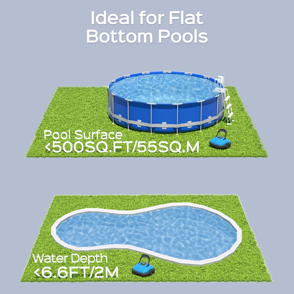 WYBOT-مكنسة روبوت لاسلكية ، محرك مزدوج ، وقت تشغيل 50 دقيقة ، حتى 525sq.ft ، لحمامات السباحة المسطحة السفلية ، غبار 2.5 لتر ، IP68 ، WY1102