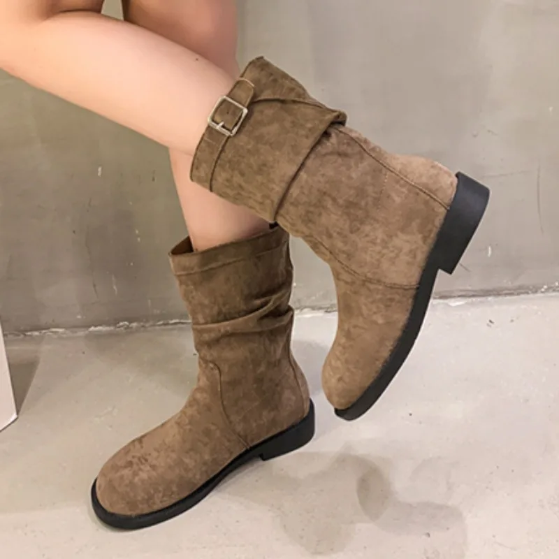 Women\'s Boots 2024 New Pleated Design Fashion Boots Solid Color Retro Street Casual Slip-on Botas Femininas Women\'s Rock Zapatos