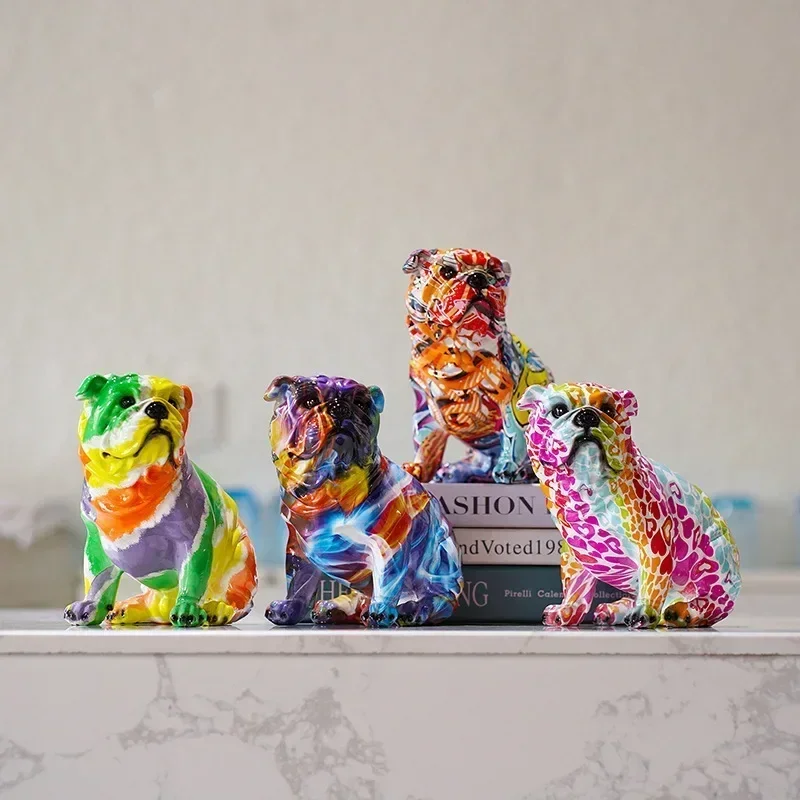 Creative Scandinavian Dazzling Water Transfer Bulldog Statue Animal Resin Ornaments Home Living Room Entrance Decorations