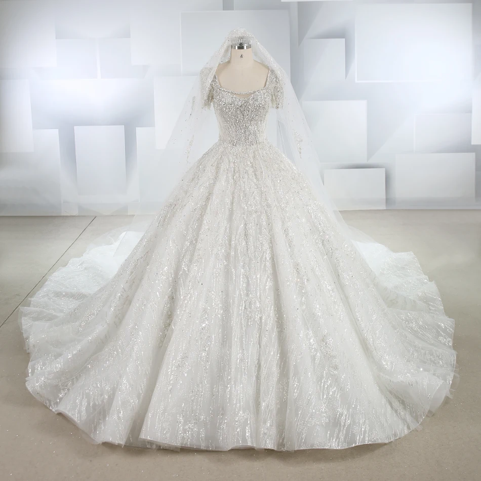 New Korean Style Romantic Square Collar Lace Applique Short Sleeve Beaded Wedding Dress