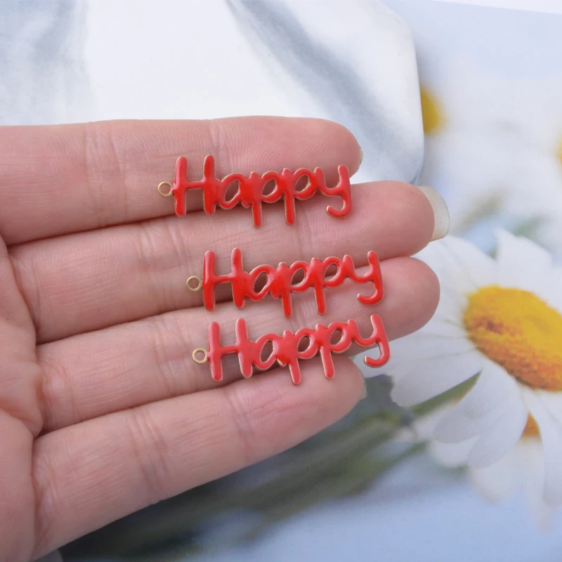 10 Stück Kupfer-Anhänger in Form von Buchstaben „Happy“ mit beidseitiger Emaillebeschichtung, Öltropfen-Optik, für DIY-Schmuckdekoration. – Detail 13