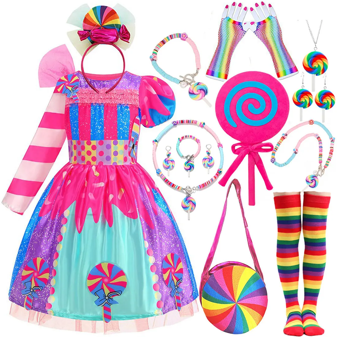 New Year Purim Festival Gift Classic Long and Short Sleeve Candy Print Decoration Rainbow Color Dress + Accessories Set for Girs