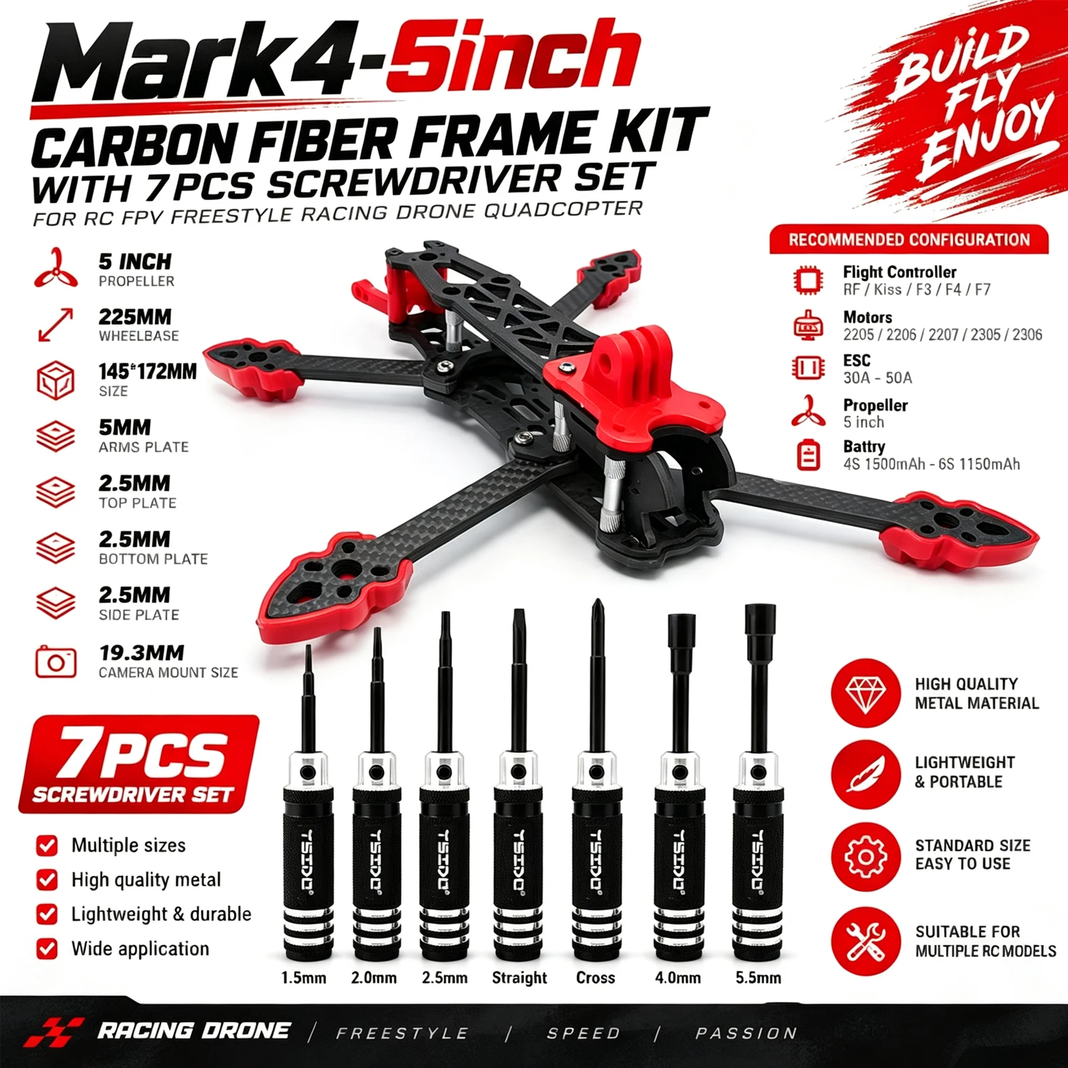 Mark4 5inch Carbon Fiber Frame Kit 225mm Wheelbase With 7PCS Screwdriver 1.5/2.0/2.5/4.0/5.5mm for RC FPV Freestyle Racing Drone