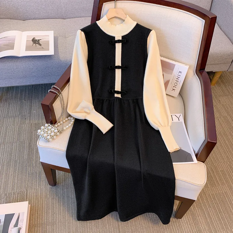 

MiiiiX Office Lady Elegant Fake Two-piece Knitted Dress Women's 2024 Autumn Patchwork Design Long Sweater Dress Female Clothes