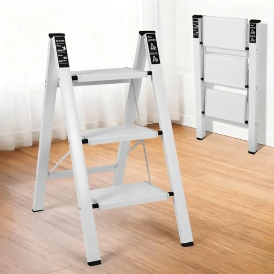 Aluminum Folding Step Stool with Anti-Slip Sturdy and Wide Pedal Portable Space Saving Closet Step Stool for Home and Kitchen S