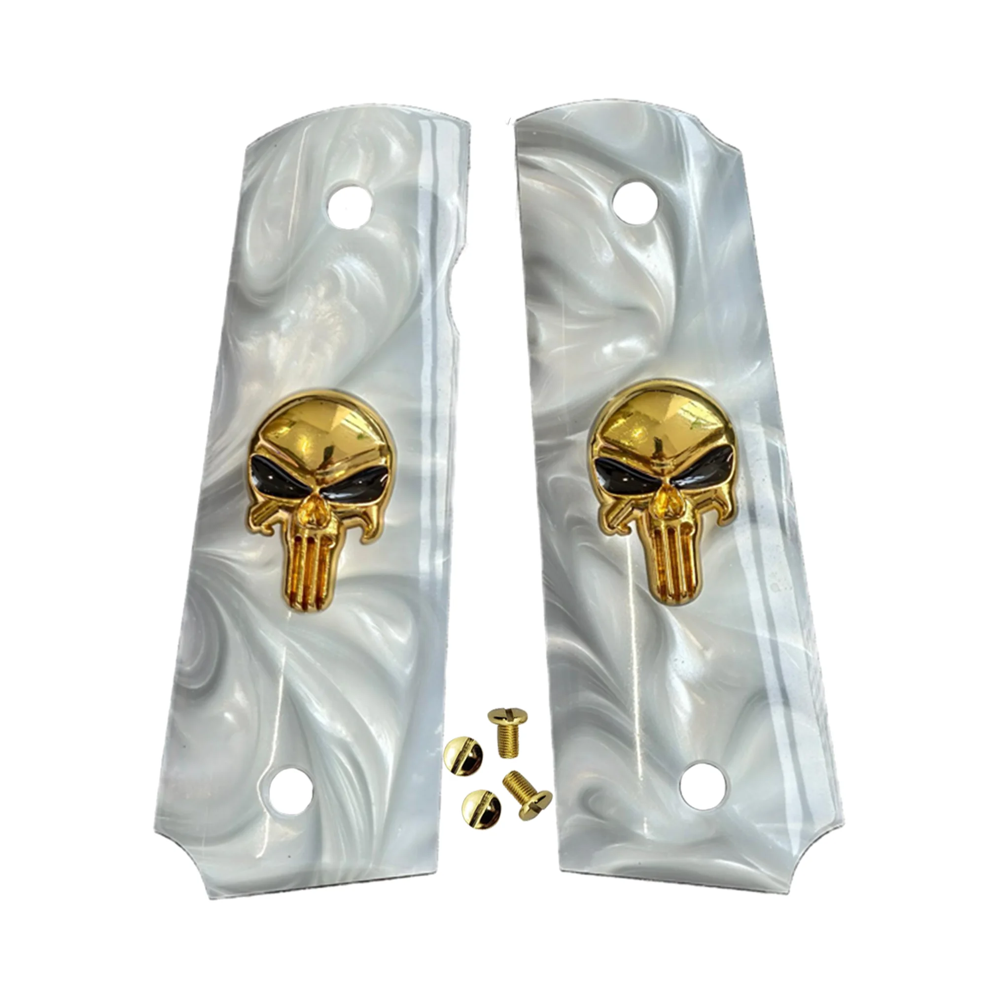 

1911 Grips Full Size,White pearl Gold Skull black eyes,Fits Colt,Kimber,Springfield,Remington,Rock Island,Government Commander