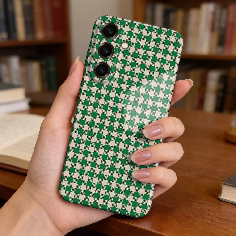 Green Grid Pattern Case For Samsung S26 S25 S24 S23 S22 Plus S21 Ultra Edge S23 S24 S25 FE Hard PC Shockproof Phone Cover