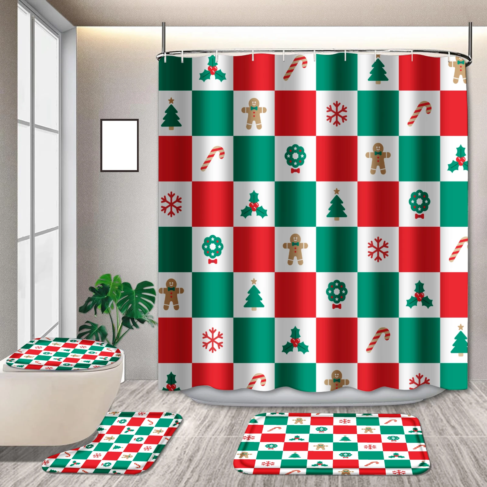 

Merry Christmas Shower Curtain Set Polyester For Bathtub Art Bathroom Decor With Hooks Waterproof Curtain Set Christmas Decor