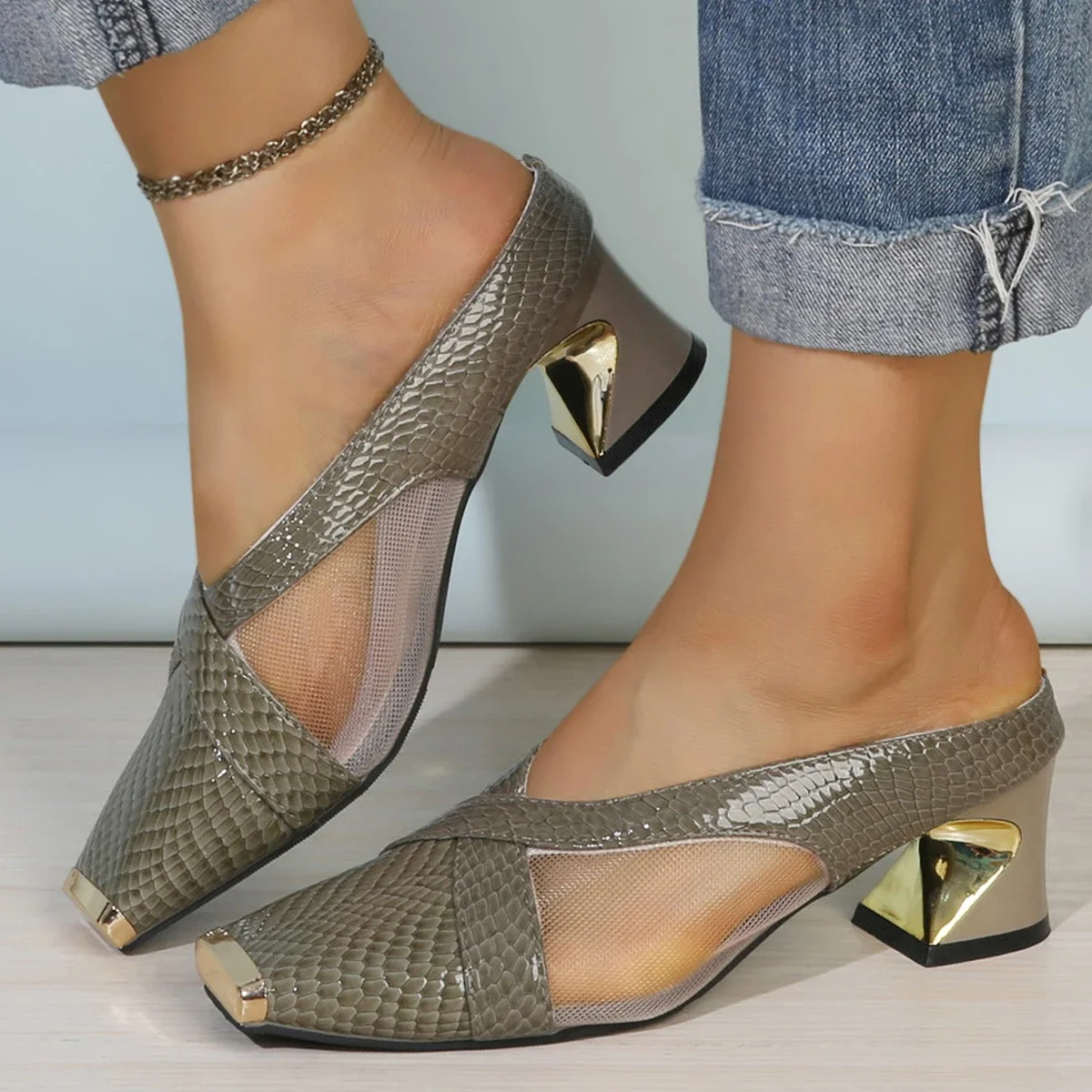 

Женские босоножки на высоком каблуке 2024, модная обувь большого размера, женские дышащие босоножки на толстом каблуке, удобная женская обувь с квадратной головкой