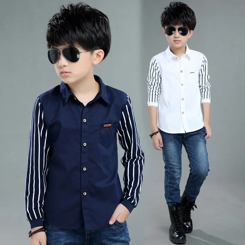 Abbigliamento per bambini Camicia per ragazzi Manica lunga Abbigliamento autunnale Camicia casual per bambini a righe 4-14 anni Blu navy Bianco Striscia per bambini