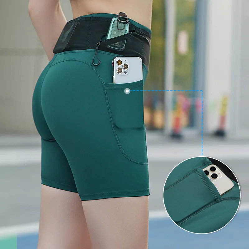 Women's gym shorts,mobile phone pocket high waist hip lifting elastic yoga shorts fitness running training leggings