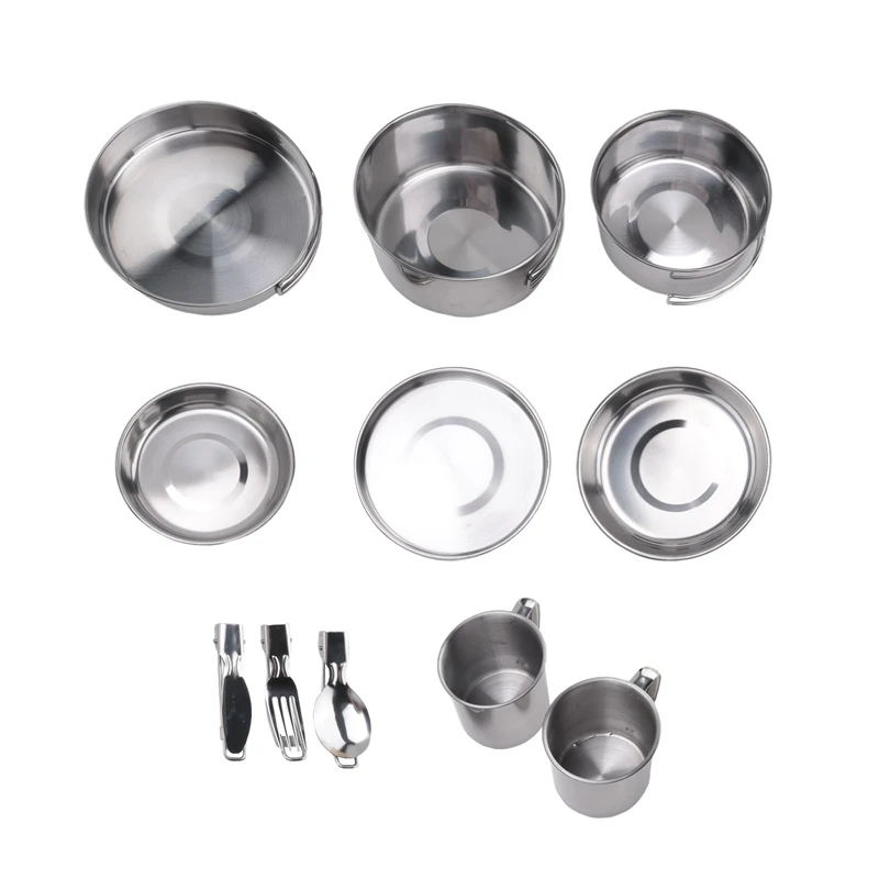 

Camping Cookware Set Silver Stainless Steel Portable Outdoor Tableware Set Foldable And Stackable Pot Set