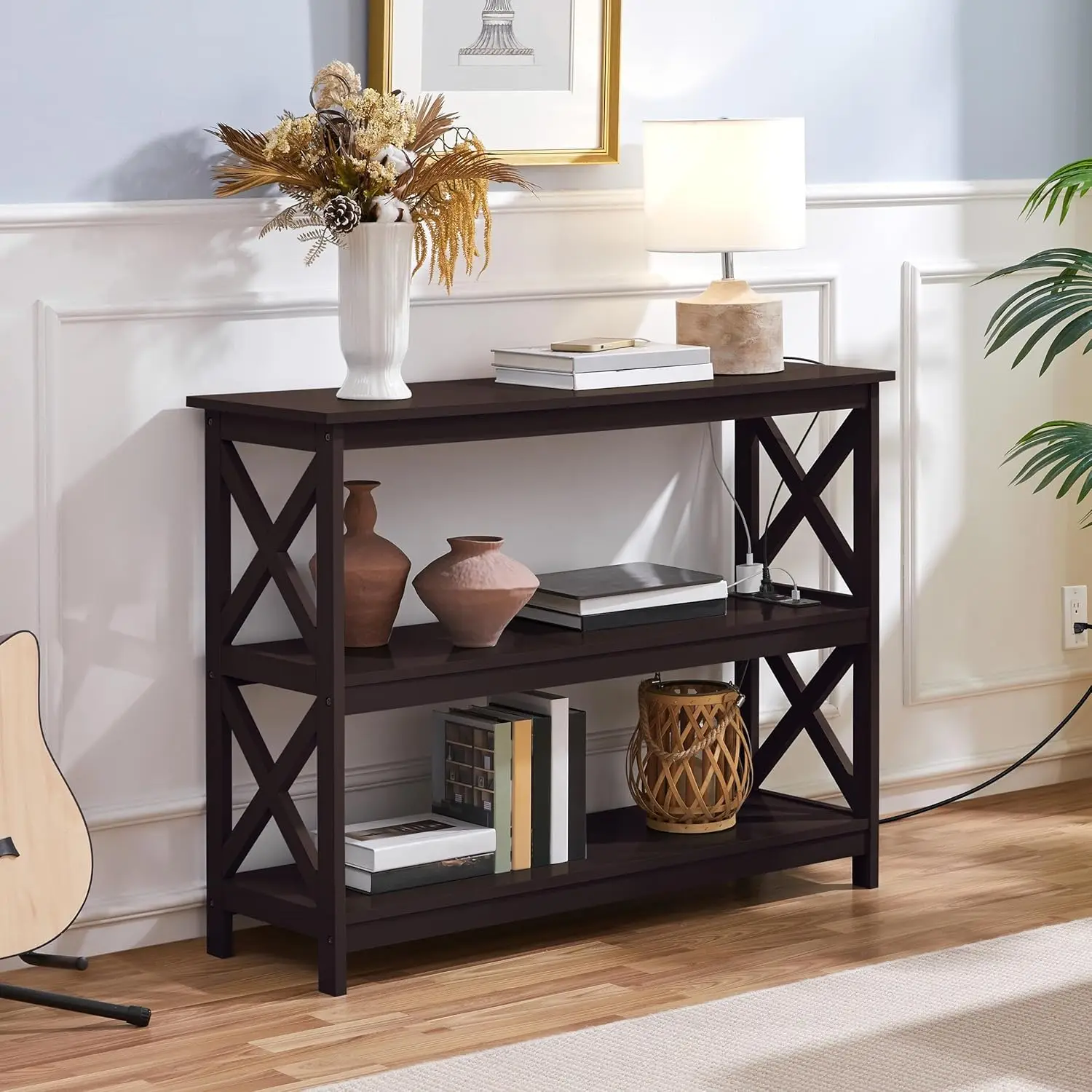 Console Table with Power Outlet, 3 Tier Narrow Sofa Couch  with Storage Shelves, Wood Entryway Table Side