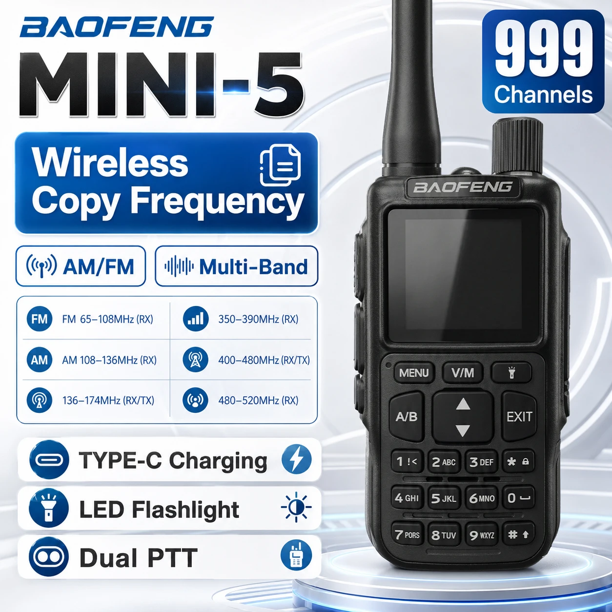 Ultra Slim BAOFENG MINI5 Handheld Radio VHF/UHF Air Band Long Range Rechargeable Civil Walkie Talkie Two Way Communication