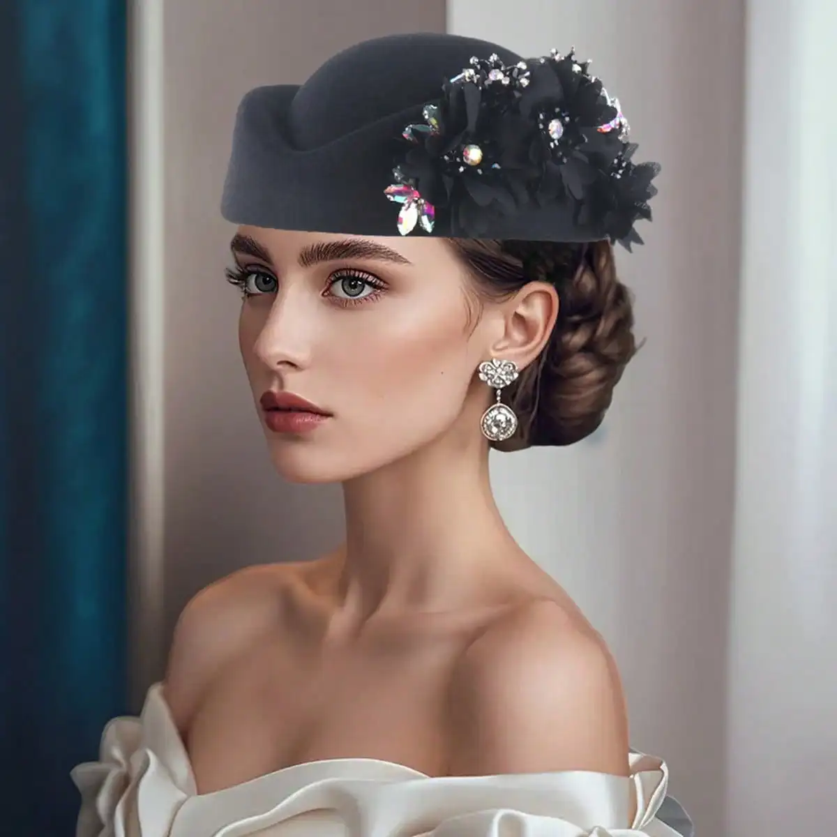 Frauen Pillbox Hut mit Blumen Vintage britischen Stil Derby Hüte Filz Baskenmütze Fascinators Caps für Kirche Tea Party