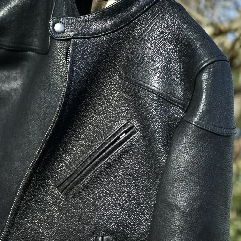 YOLANFAIRY سترة جلدية أصلية للرجال 1.6 سميكة كاملة الحبوب طبقة علوية من جلد البقر سترة كلاسيكية للرجال سترة جلدية ضيقة للرجال