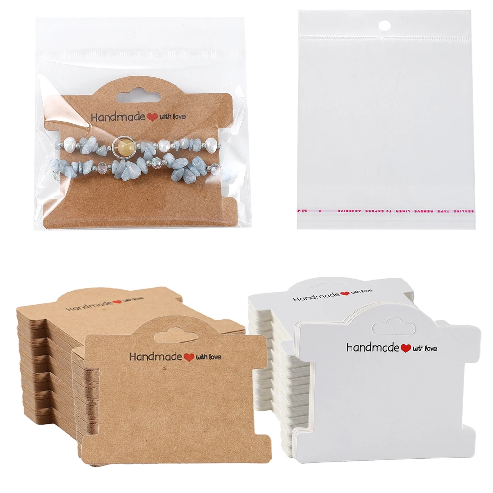 50 Stück Schmuck-Displaykarten aus Kraftpapier/weißem Papier mit der Aufschrift „Handmade With Love“ und 50 Stück transparente OPP-Beutel für die Schmuckverpackung – Detail 1