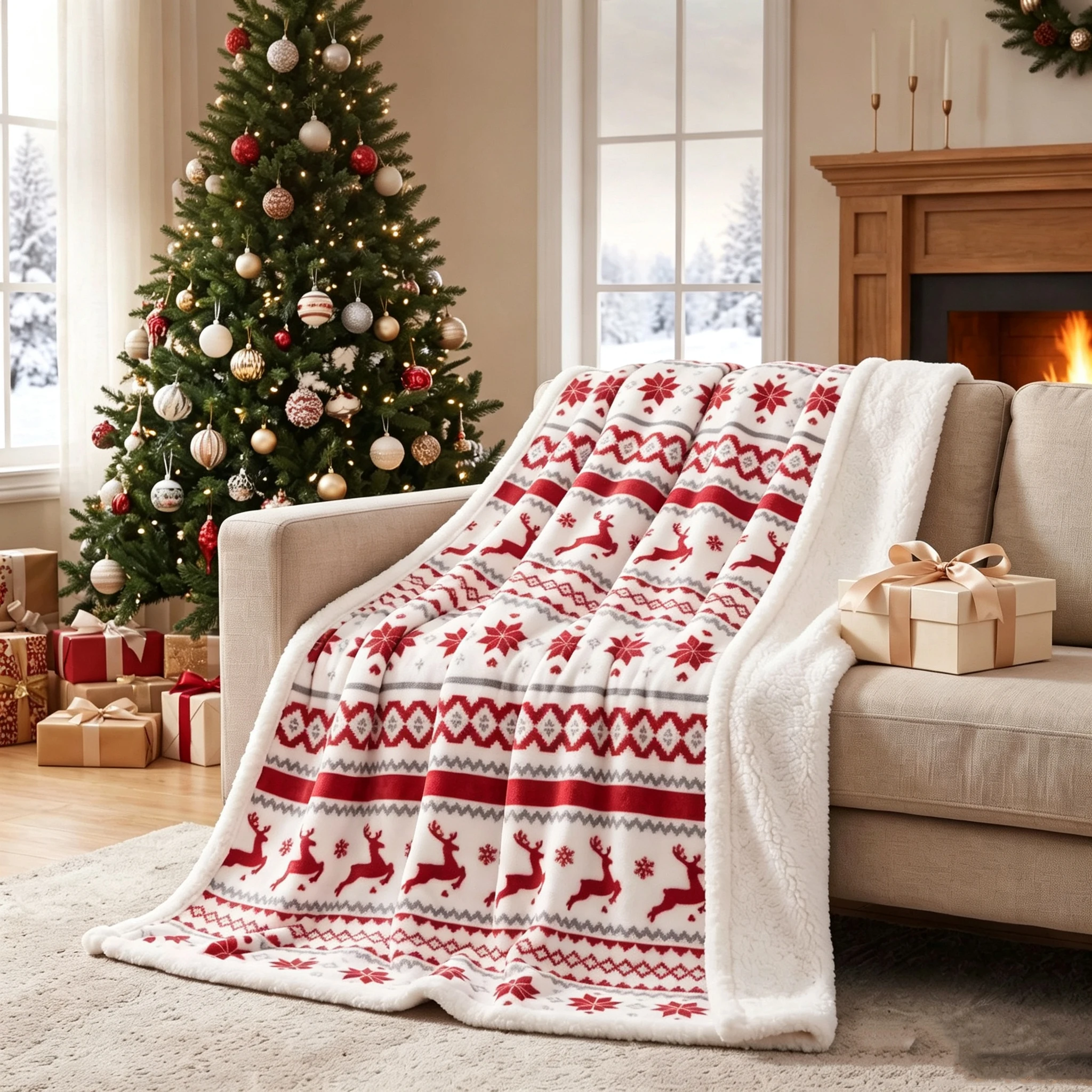 Reversible Double Layer Bedding Blanket Soft Thick Flannel Sherpa Fleece Christmas Decoration Warm Winter Throw Blanket