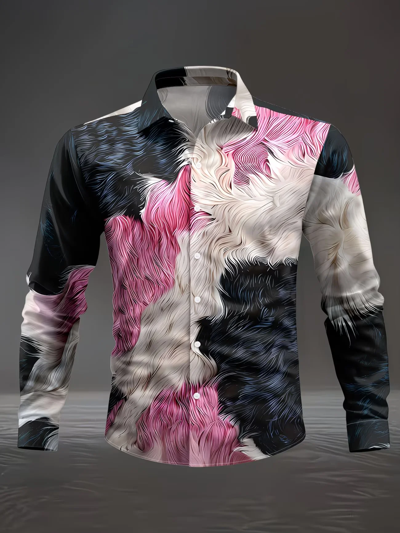 

Новая розово-черная контрастная рубашка с плюшевой текстурой и 3D-принтом для мужчин, с длинным рукавом, приталенная, повседневная, с цветочным узором