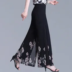 Foot Mouth Split Chiffon Pants Women  Summer New Square Dance Pants Thin Printing Wide Leg Pants Female High Waist  Culottes