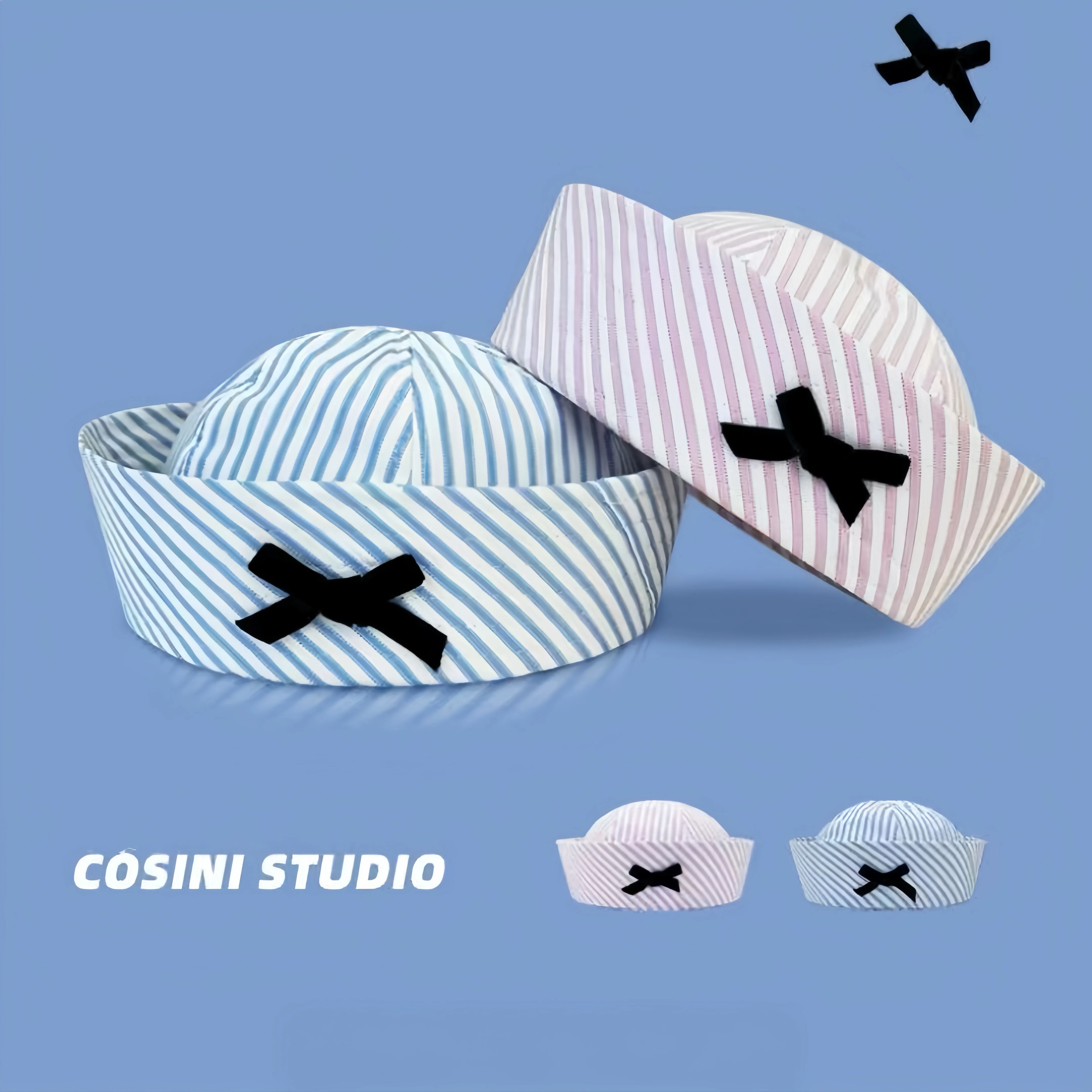 HongLuan Matrosenhüte mit weißen Streifen und Schleife, Fantasy Blue Cosplay Hat Woman, Rave Festivals Accessoires & Party Caps für Herren