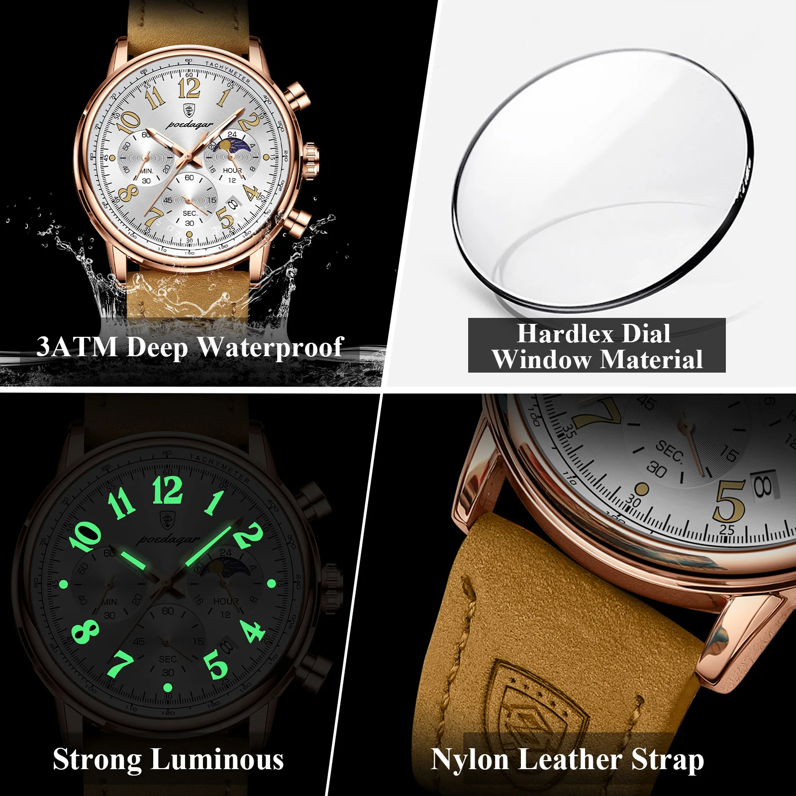 POEDAGAR Luxury Quartz Men Clock Waterproof Luminous Leather Sports Man Wristwatch Chronograph Date Military Men's Watches Reloj - view 4