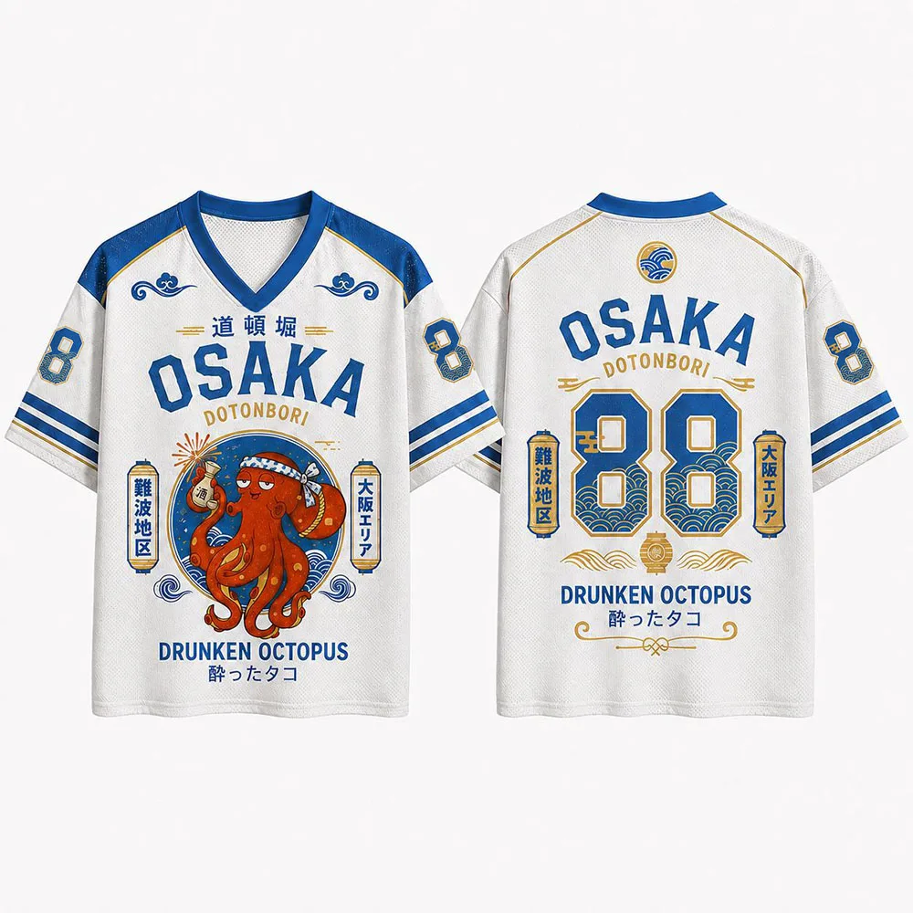 Men Women Tees Japanese Osaka Dotonbori Drunken Octopus Jersey Mesh Short Sleeve V-neck Loose Tshirts Streetwear Unisex Couple