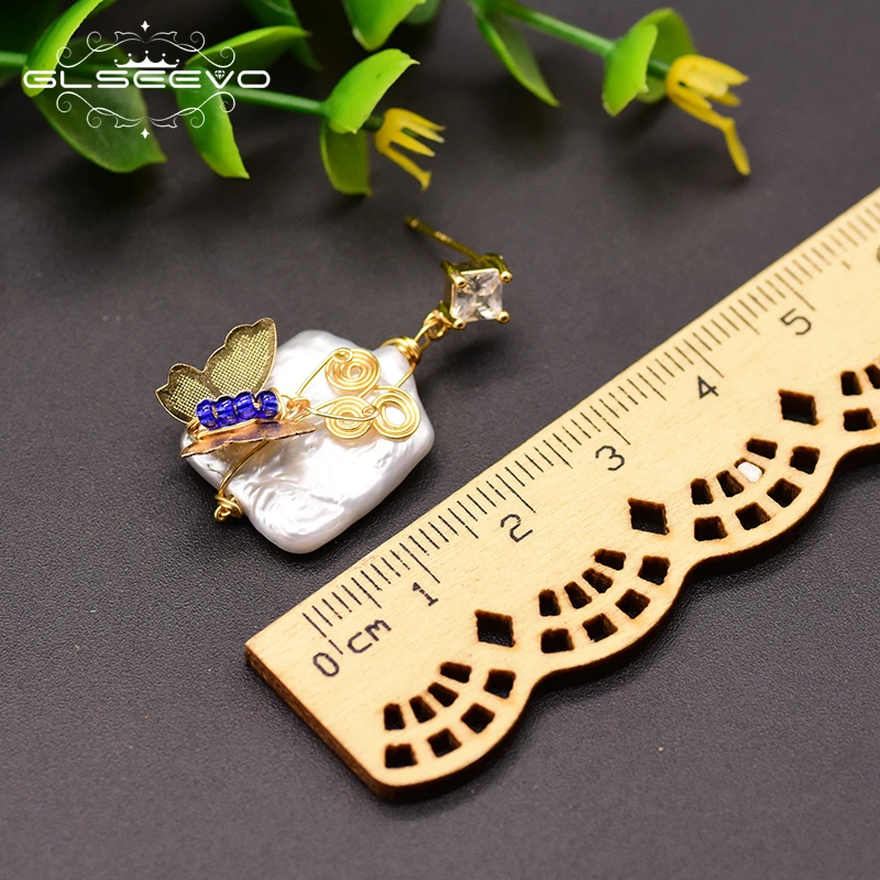 GLSEEVO Natural Fresh Water Pearl Square Pearl Dangle Earrings Butterfly Dangle Earrings For Women Wedding Fine Jewelry GE0806