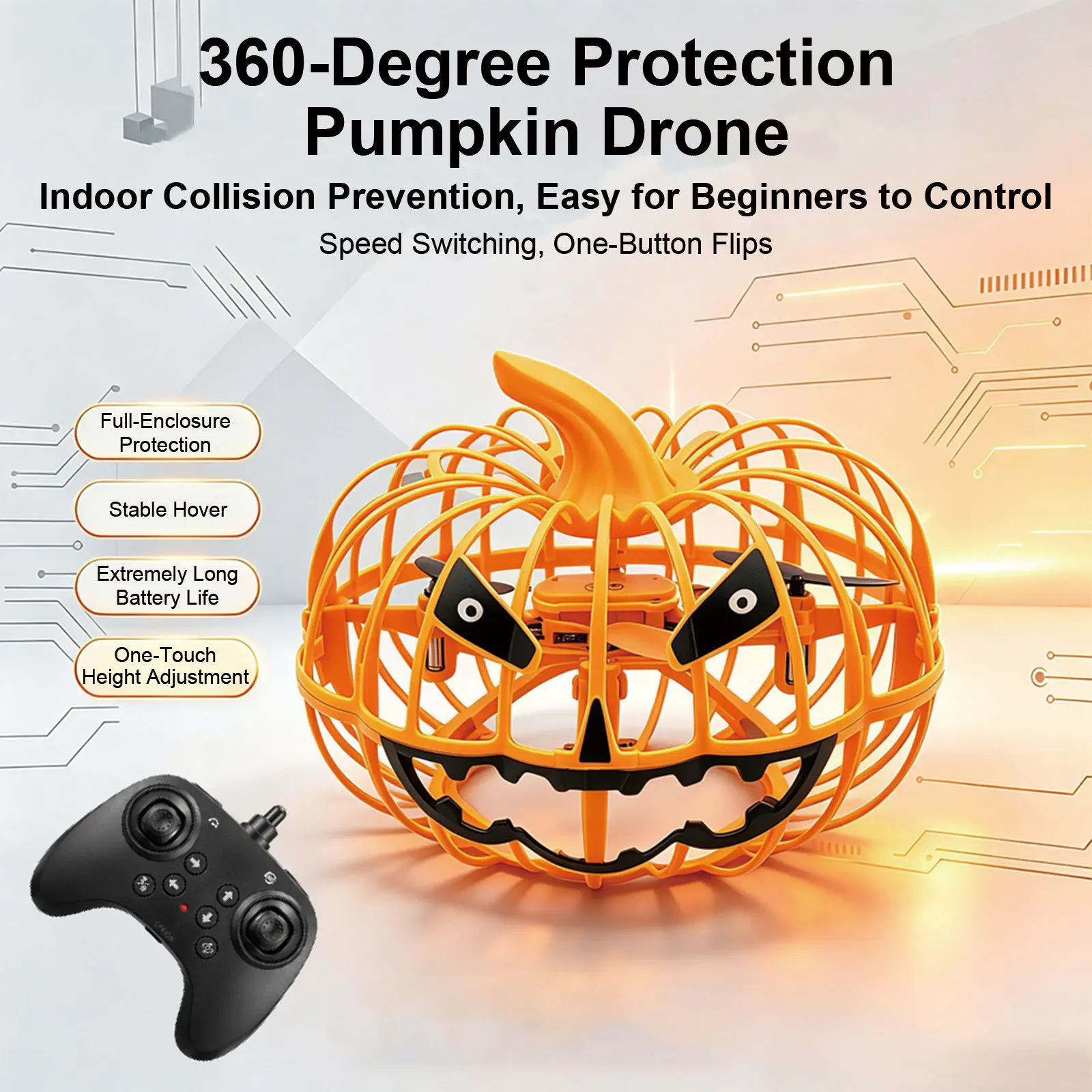 Halloween-themed light-up pumpkin drone, quadcopter remote-controlled pumpkin, a Halloween gift for children.