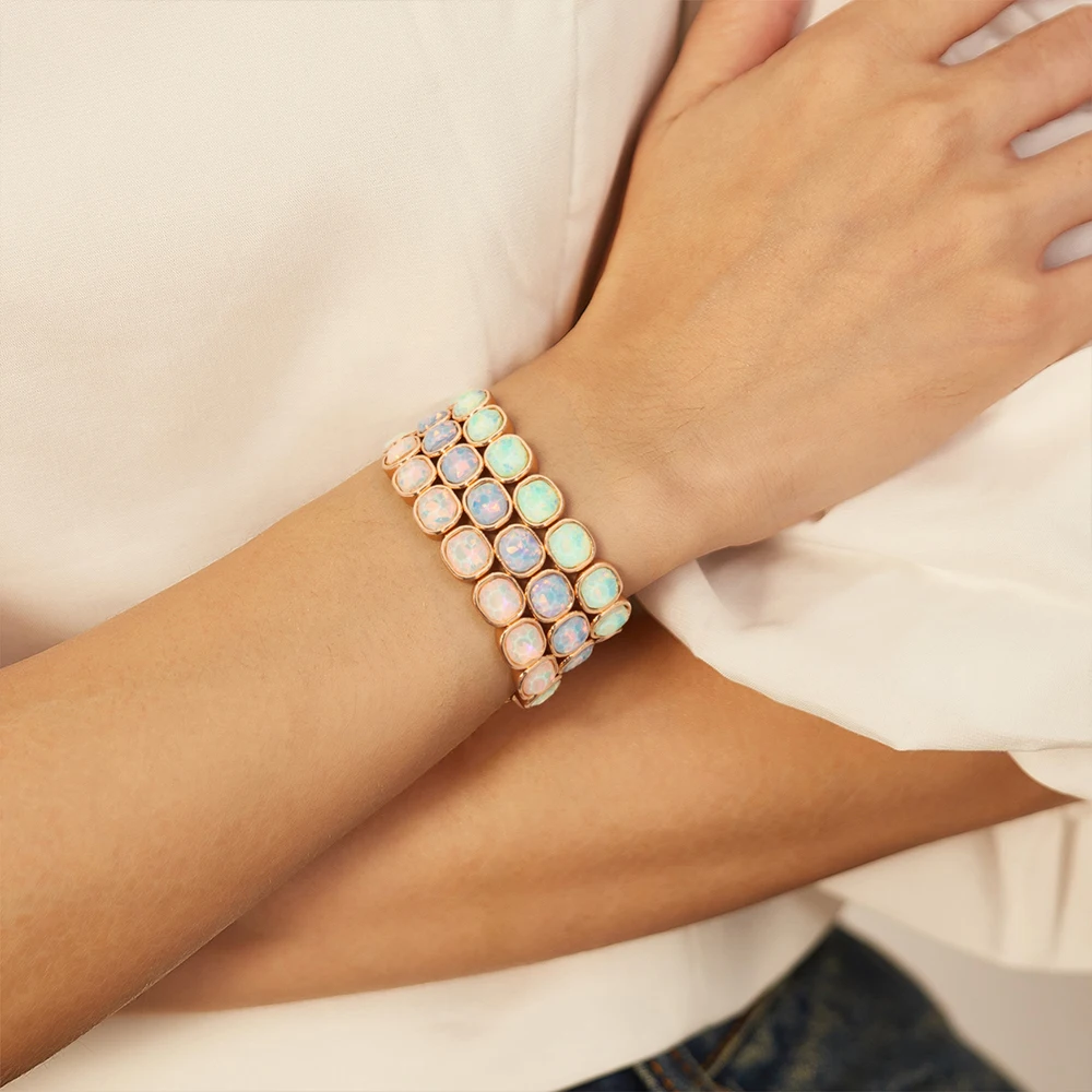 New Design Colorful 12mm Rhinestone Women Bracelet Enamel Gold Color Beads Boho Elastic Bangle