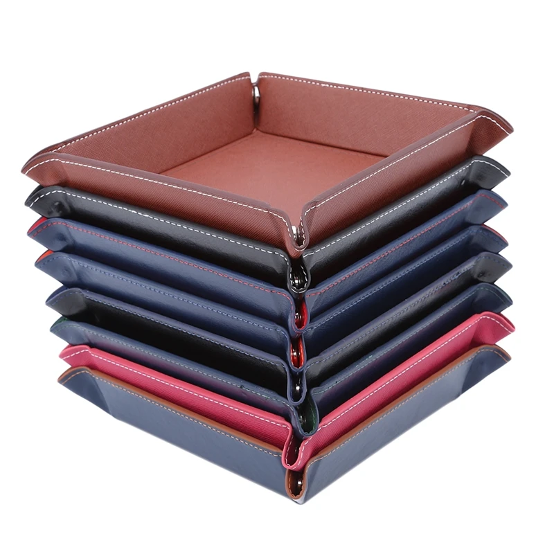 Desktop Storage Sundries Box Creative PU Leather Trinket Folding Tray Collapsible Phone Key Wallet Coin Bins Accessories